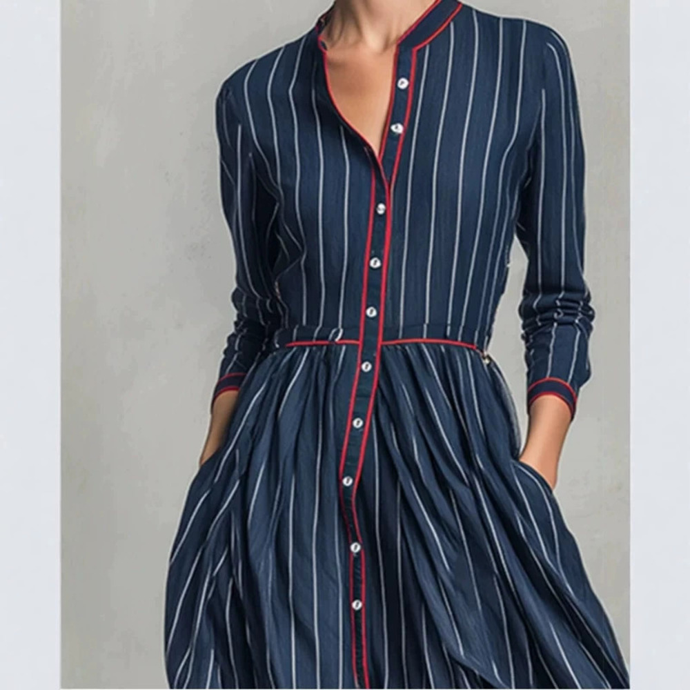 FOREVER 21 Elegant Retro Striped Single Breasted Long Dress With Piping
